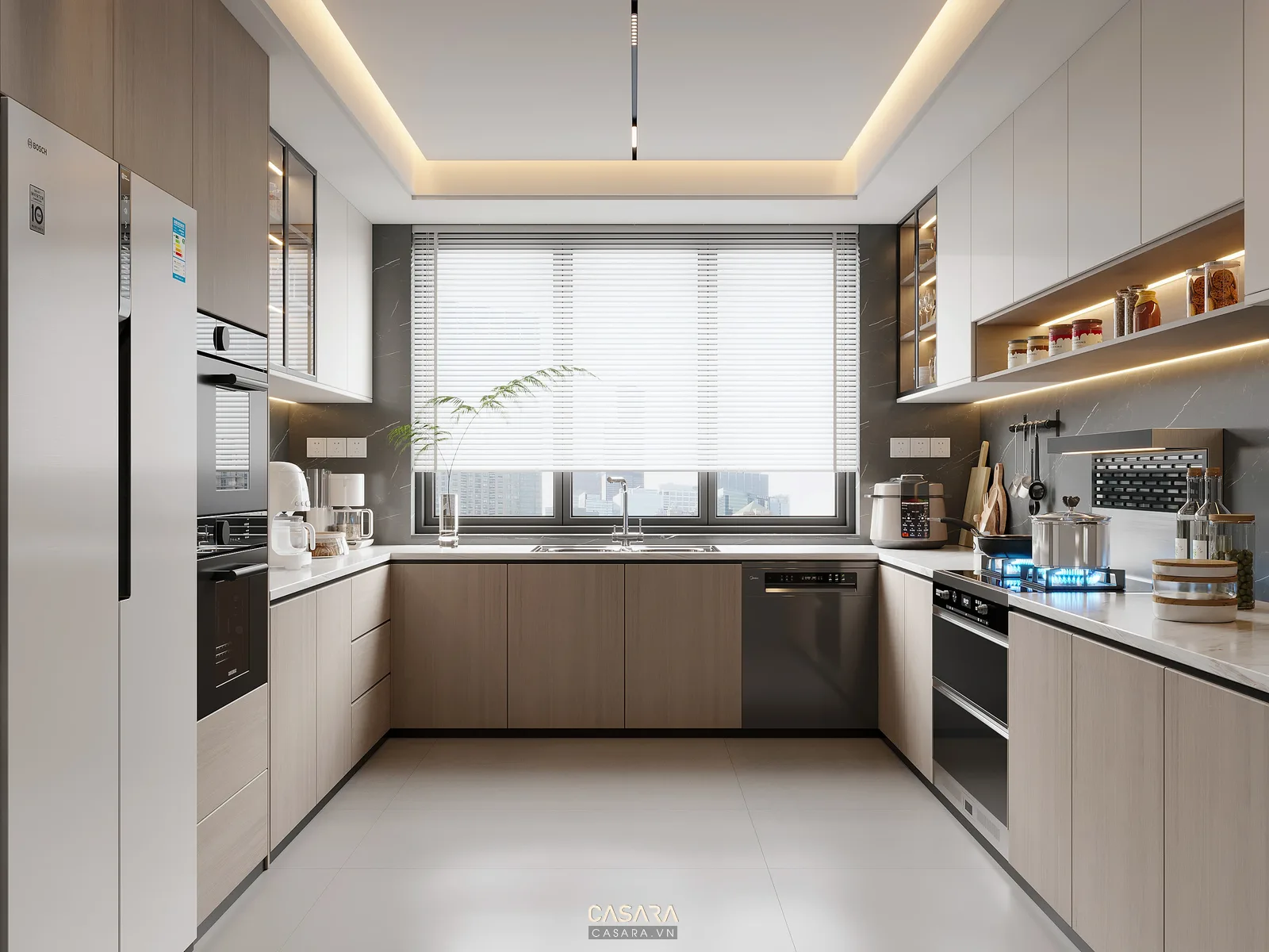 Ảnh tủ bếp đen hiện đại với đèn hắt chân tủ do Casara tuyển chọn cho thư viện thiết kế nội thất.