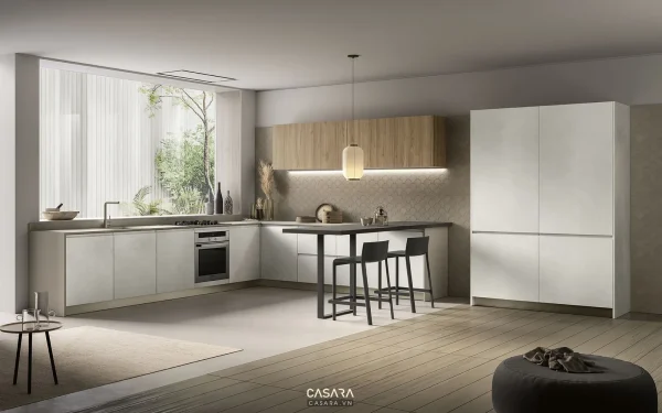 Ảnh tủ bếp nhỏ màu trắng gỗ với máy hút mùi âm do Casara tuyển chọn cho thư viện thiết kế nội thất.