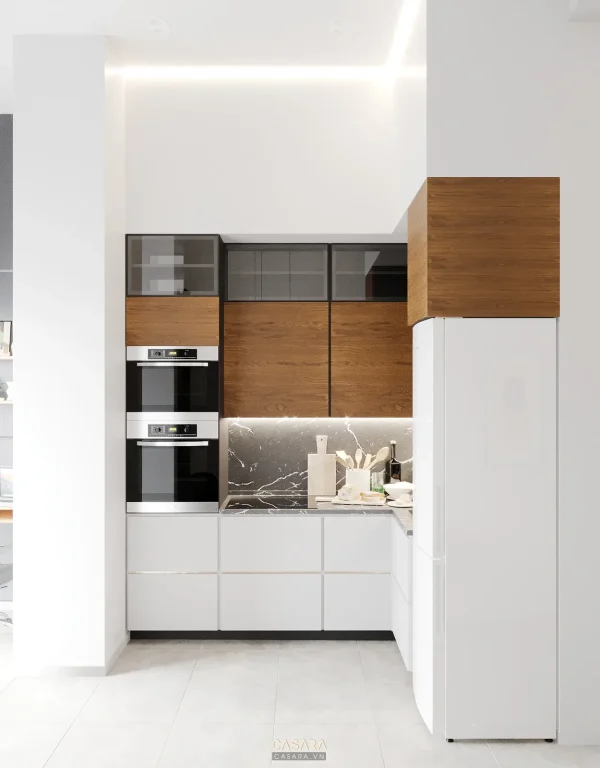 Ảnh tủ bếp trắng gỗ với kệ mở và sàn gỗ sáng do Casara tuyển chọn cho thư viện thiết kế nội thất.