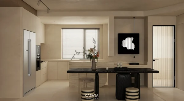 Ảnh tủ bếp trắng hiện đại với đèn ray và mặt bếp tối do Casara tuyển chọn cho thư viện thiết kế nội thất.