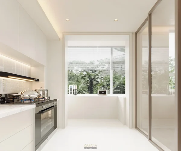 Ảnh tủ bếp trắng tối giản trong không gian căn hộ hẹp do Casara tuyển chọn cho thư viện thiết kế nội thất.
