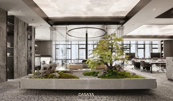 Ảnh sân trong nhỏ có cây xanh trung tâm và tường cao do Casara tuyển chọn cho thư viện thiết kế nội thất.