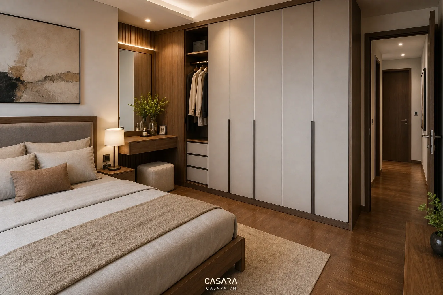 Tủ áo phòng cưới bố trí sát giường với lối đi và bàn trang điểm gọn