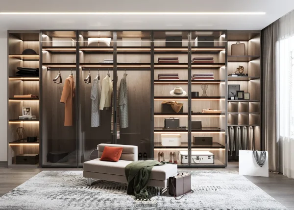 Ảnh hành lang thay đồ có tủ kính và ghế thư giãn màu đỏ do Casara tuyển chọn cho thư viện thiết kế nội thất.