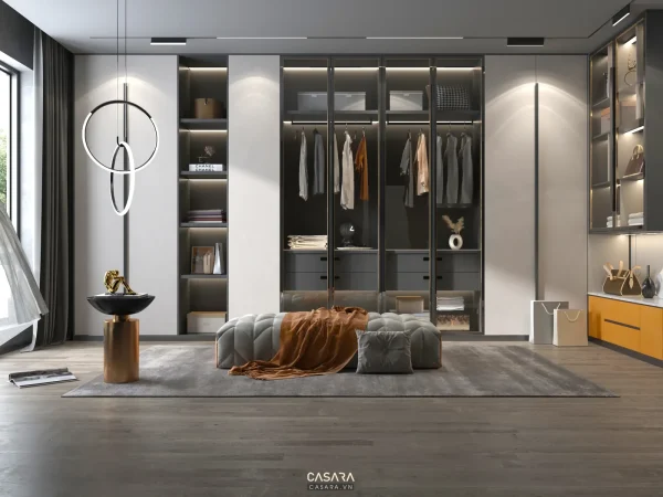 Ảnh phòng thay đồ có tủ kính, đảo trung tâm và ghế đôn do Casara tuyển chọn cho thư viện thiết kế nội thất.
