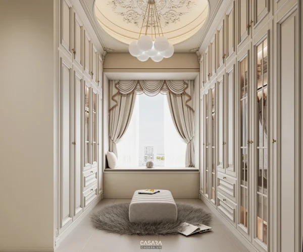 Ảnh phòng thay đồ rộng với đảo trưng bày và kệ gỗ sáng do Casara tuyển chọn cho thư viện thiết kế nội thất.