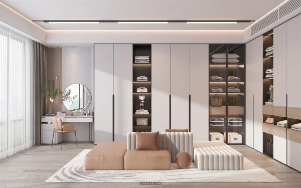 Tủ áo kính cạnh cửa sổ giúp phòng ngủ nhà ống gọn và sáng hơn
