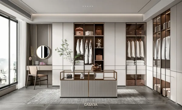 Ảnh tủ áo mở cạnh phòng tắm với kệ treo và ngăn lưu trữ do Casara tuyển chọn cho thư viện thiết kế nội thất.