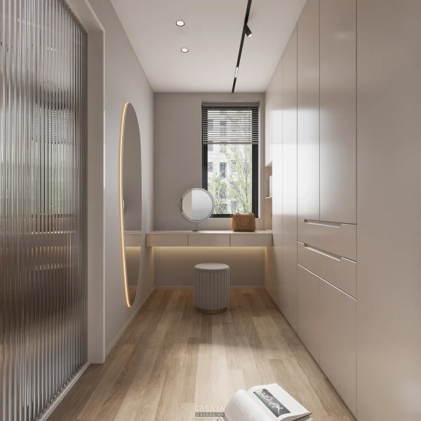 Ảnh tủ áo mở gỗ sáng với kệ giày và ray treo quần áo do Casara tuyển chọn cho thư viện thiết kế nội thất.
