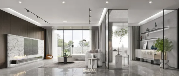 Ảnh hành lang lối vào ốp gỗ và đèn hắt vàng do Casara tuyển chọn cho thư viện thiết kế nội thất.