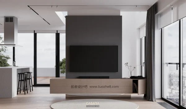 Ảnh hành lang trưng bày nghệ thuật với lối đi dài và tượng do Casara tuyển chọn cho thư viện thiết kế nội thất.