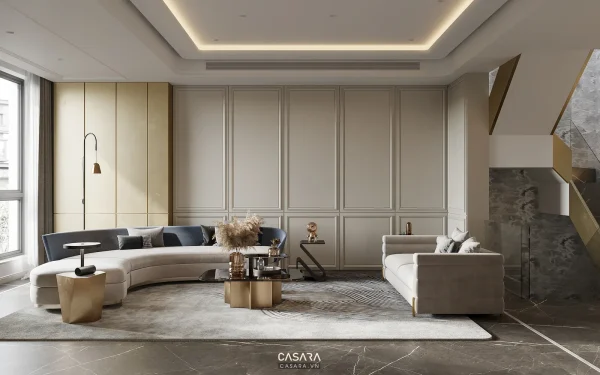 Ảnh không gian khách bếp mở với tủ âm tường và lối đi rộng do Casara tuyển chọn cho thư viện thiết kế nội thất.