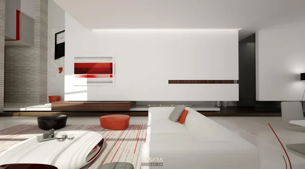 Ảnh phòng khách hiện đại có ghế thư giãn và cột tròn do Casara tuyển chọn cho thư viện thiết kế nội thất.