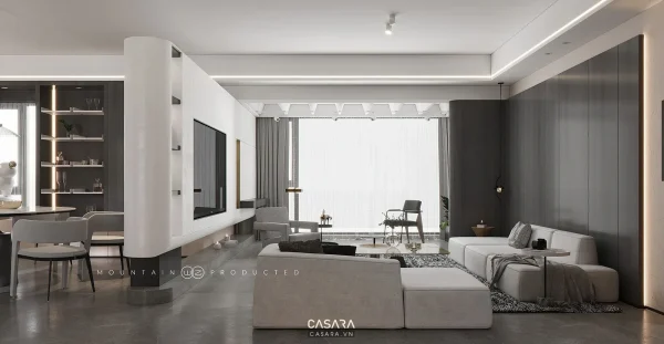 Ảnh vách tivi trắng với bàn trà và ghế đơn trong phòng khách do Casara tuyển chọn cho thư viện thiết kế nội thất.