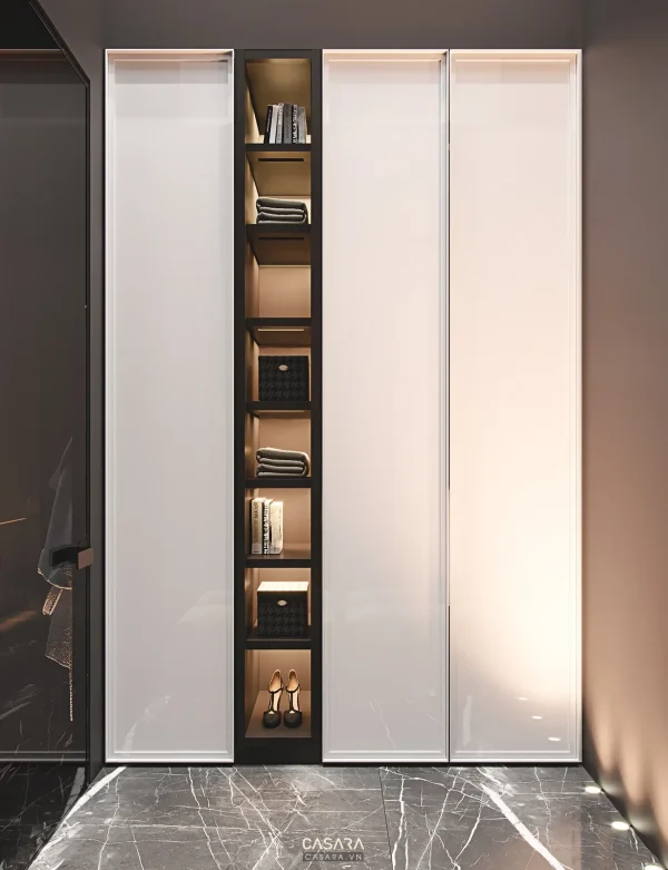 Ảnh kệ console gỗ sáng với khung bo cong và ngăn kéo do Casara tuyển chọn cho thư viện thiết kế nội thất.