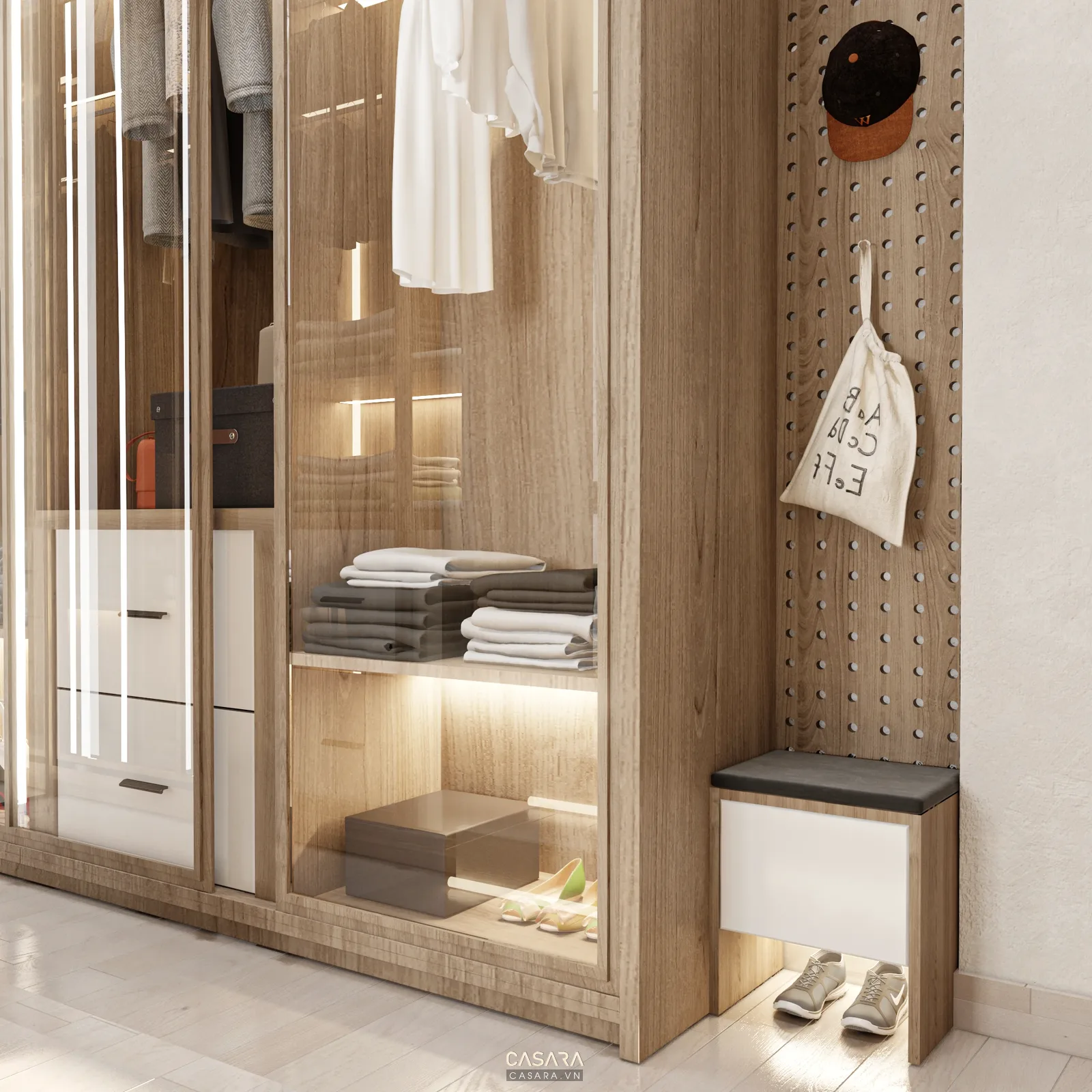 Kệ trang trí đầu giường với tủ thấp và hốc trưng bày