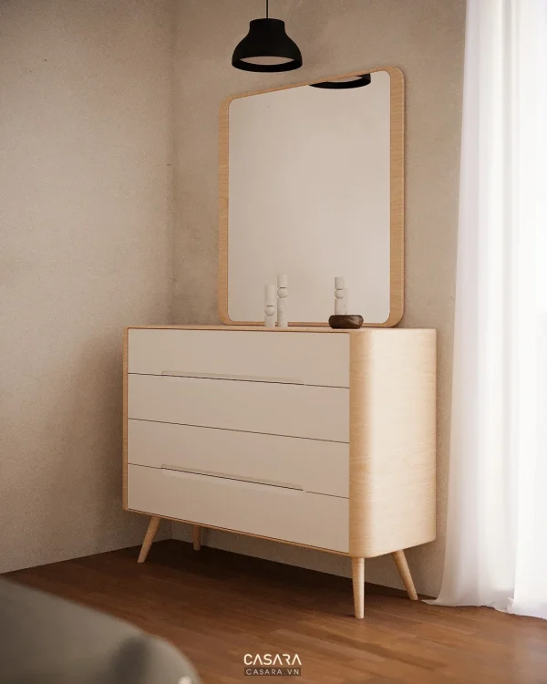 Bàn trang điểm nhỏ cạnh cửa sổ cho phòng ngủ nữ đơn giản