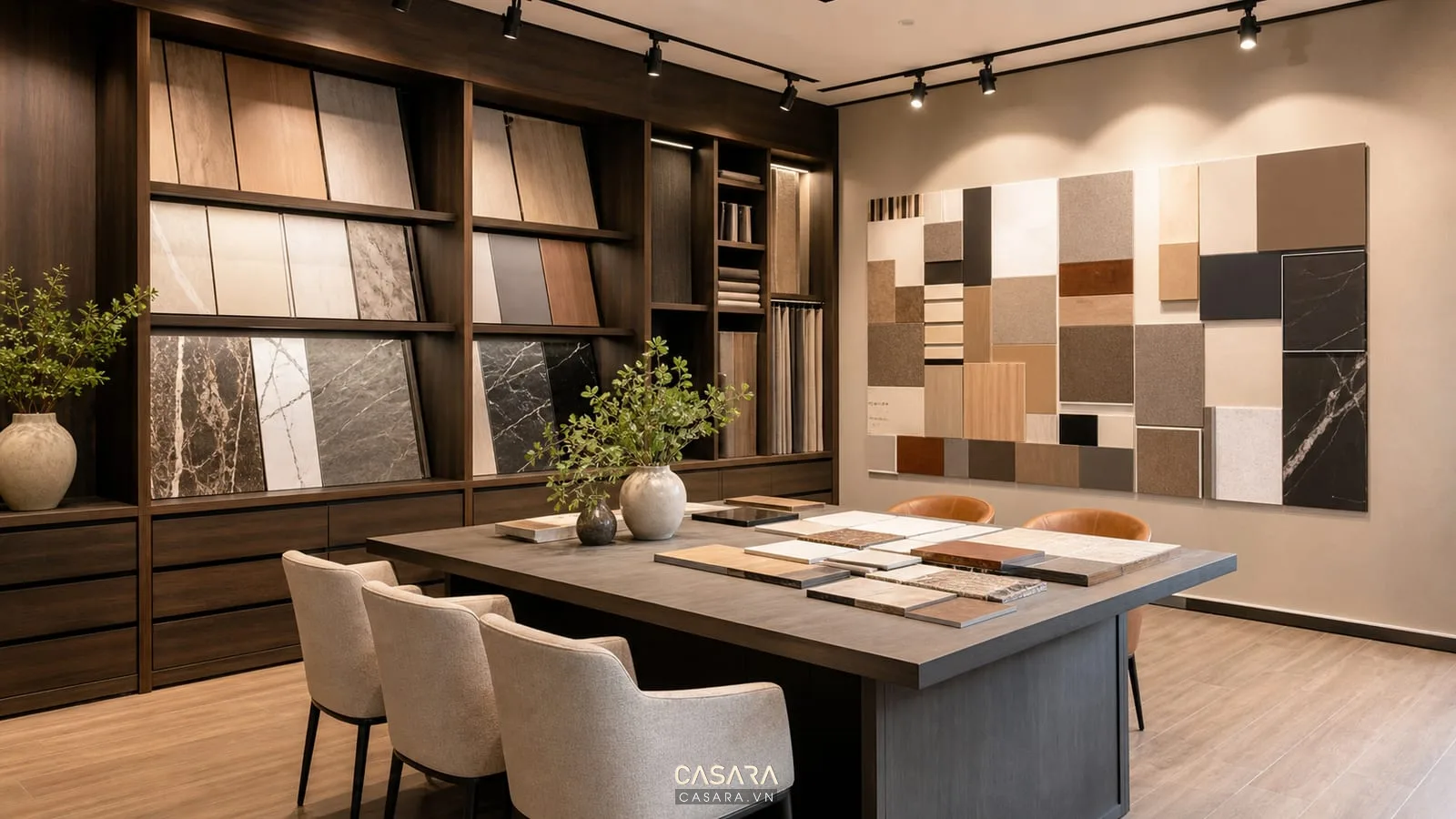 Thiết kế showroom nội thất với tủ mẫu vật liệu bàn tư vấn và ánh sáng rọi mẫu