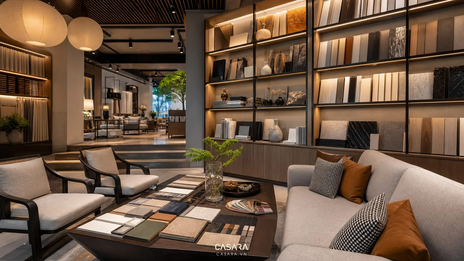 Showroom thiết kế với khu tư vấn bàn mẫu vật liệu sofa nhỏ và kệ trưng bày gọn