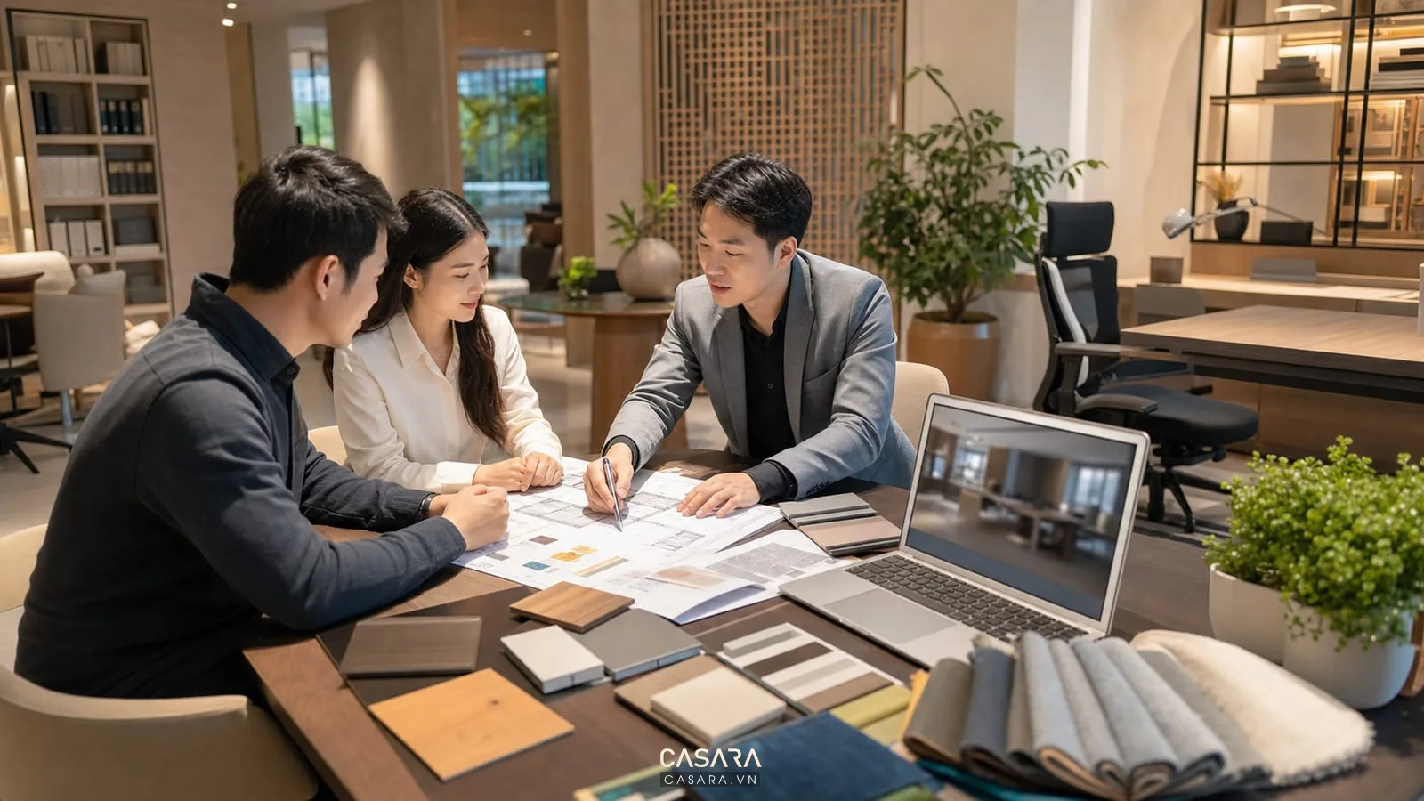 nhóm tư vấn thiết kế văn phòng trao đổi cùng khách hàng với bản vẽ và mẫu vật liệu