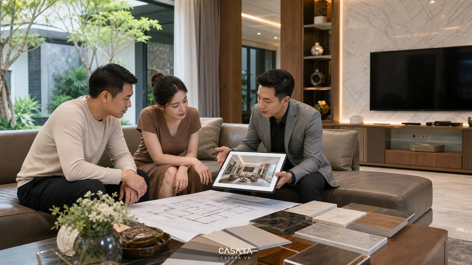 Công ty thi công biệt thự tư vấn gia chủ với phòng khách biệt thự, bản vẽ, phối cảnh 3D và mẫu vật liệu