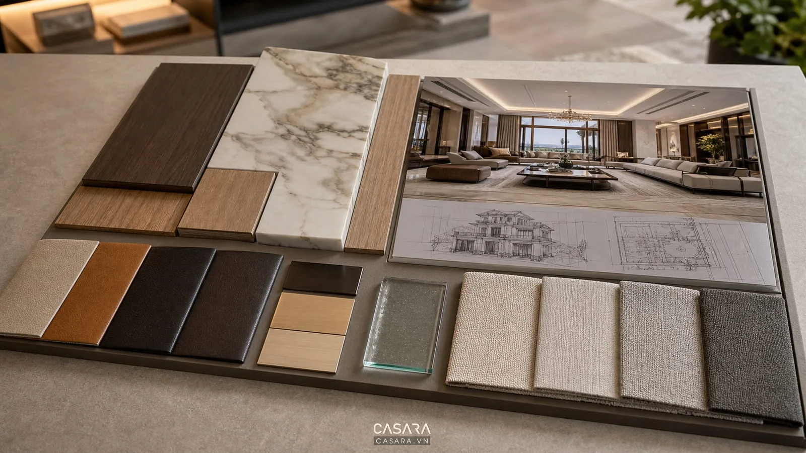 Mẫu vật liệu thi công biệt thự gồm gỗ veneer, đá, kim loại, da, vải, kính và bản vẽ kỹ thuật