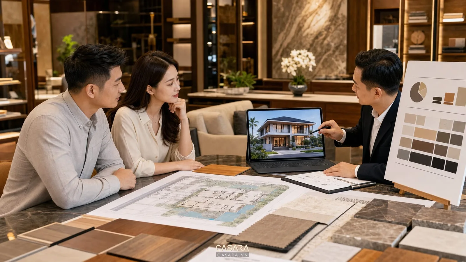 Tư vấn thi công biệt thự với gia chủ, kiến trúc sư, bản vẽ mặt bằng, phối cảnh 3D, mẫu vật liệu và bảng ngân sách