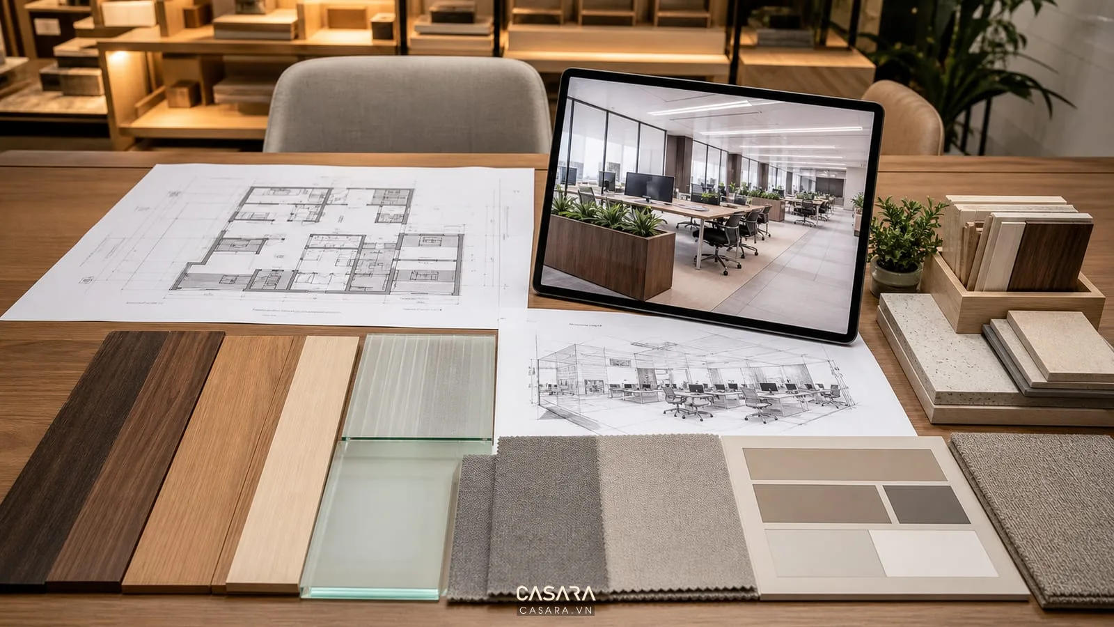 Bản vẽ mặt bằng thiết kế nội thất văn phòng cùng phối cảnh và mẫu vật liệu