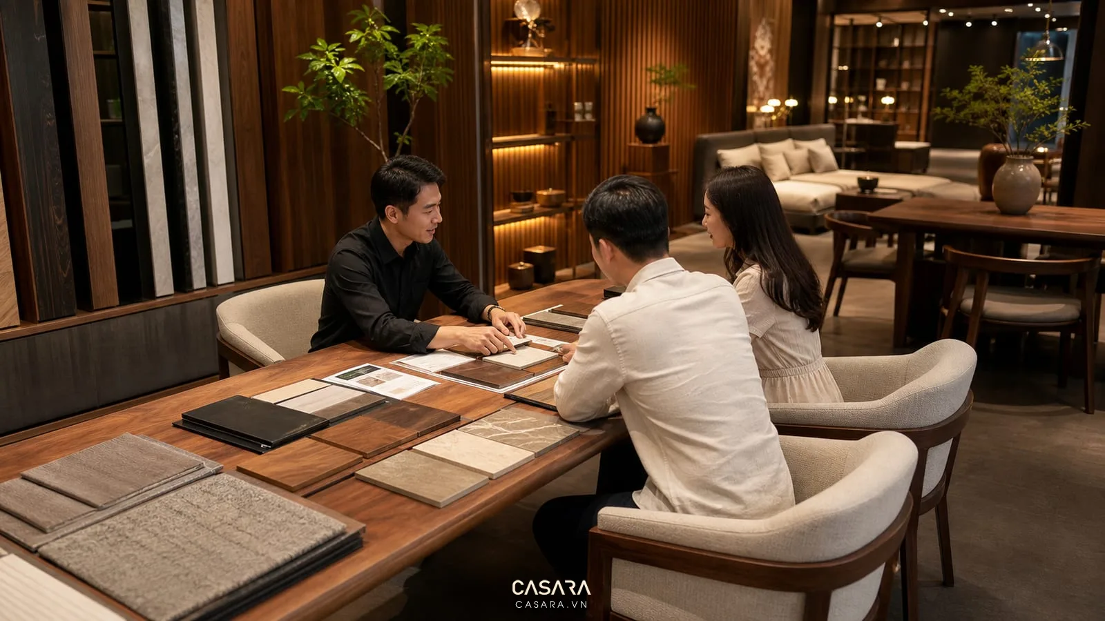 Khu tư vấn showroom nội thất với bàn làm việc và mẫu vật liệu gỗ đá vải
