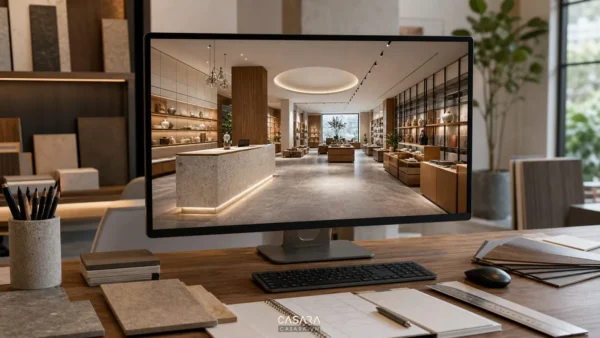 Thiết kế showroom 3d trên màn hình máy tính với quầy tiếp đón và kệ trưng bày