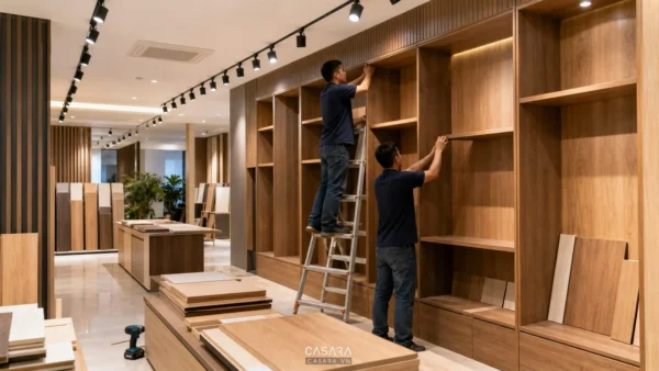 Thi công showroom nội thất với kệ trưng bày đèn ray và vật liệu gỗ hoàn thiện