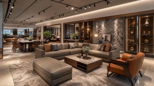 Showroom nội thất phong cách hiện đại sang trọng với sofa bàn ăn tủ trang trí và ánh sáng ấm