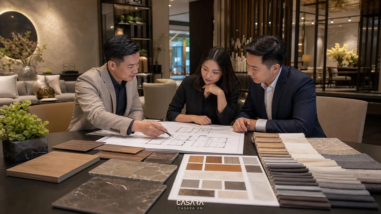 Tư vấn thiết kế biệt thự với bản vẽ mặt bằng và mẫu vật liệu nội thất