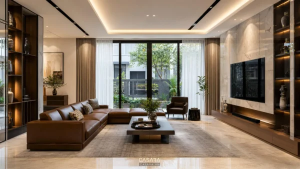 Phòng khách biệt thự có sofa da, cửa kính lớn và rèm hai lớp