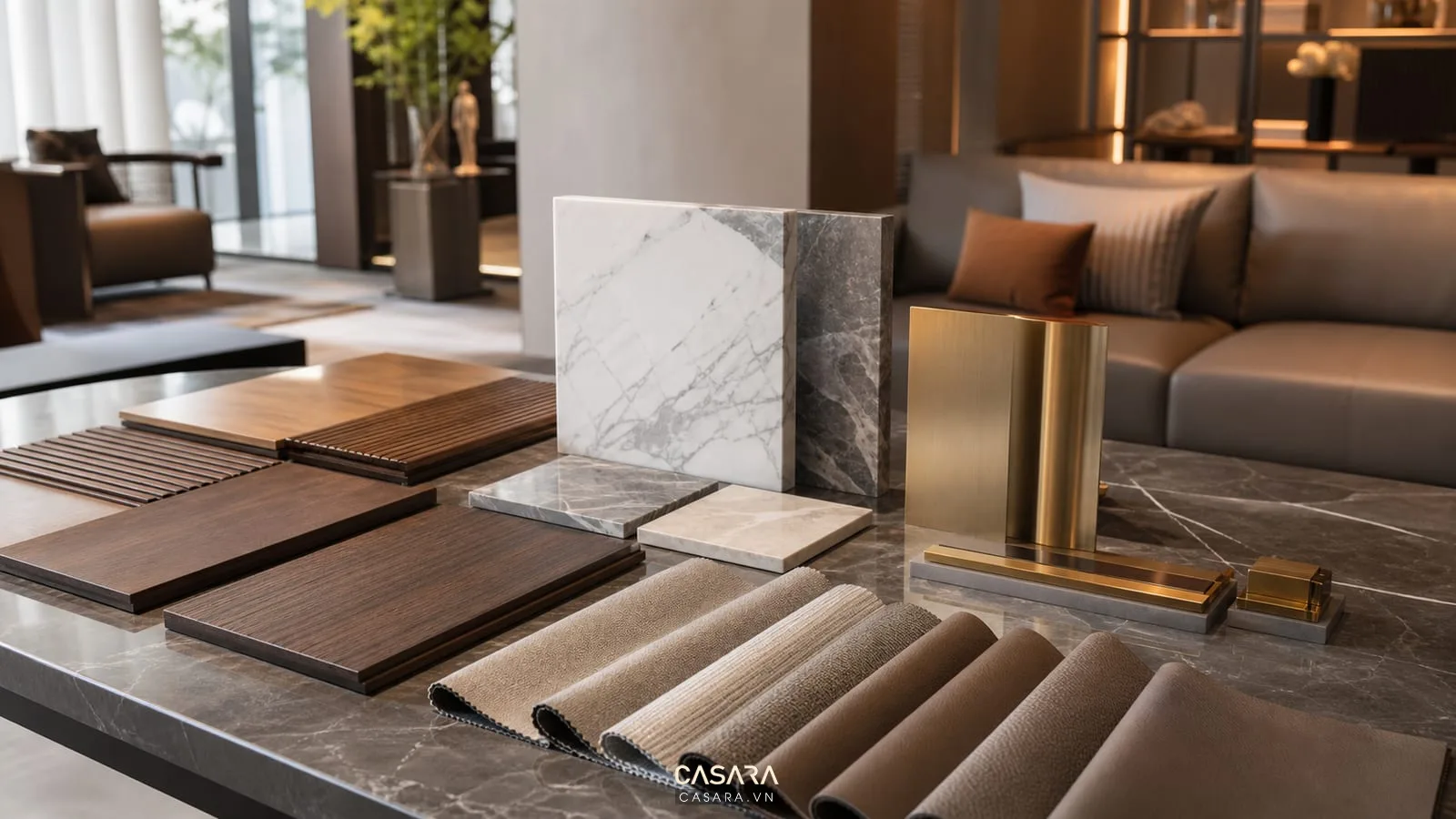 Mẫu gỗ veneer đá marble da sofa và vải rèm cho nội thất biệt thự cao cấp