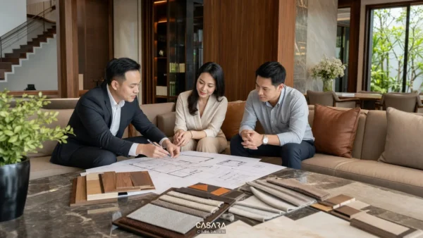 Công ty thiết kế thi công biệt thự uy tín tư vấn với bản vẽ và mẫu vật liệu trong phòng khách biệt thự