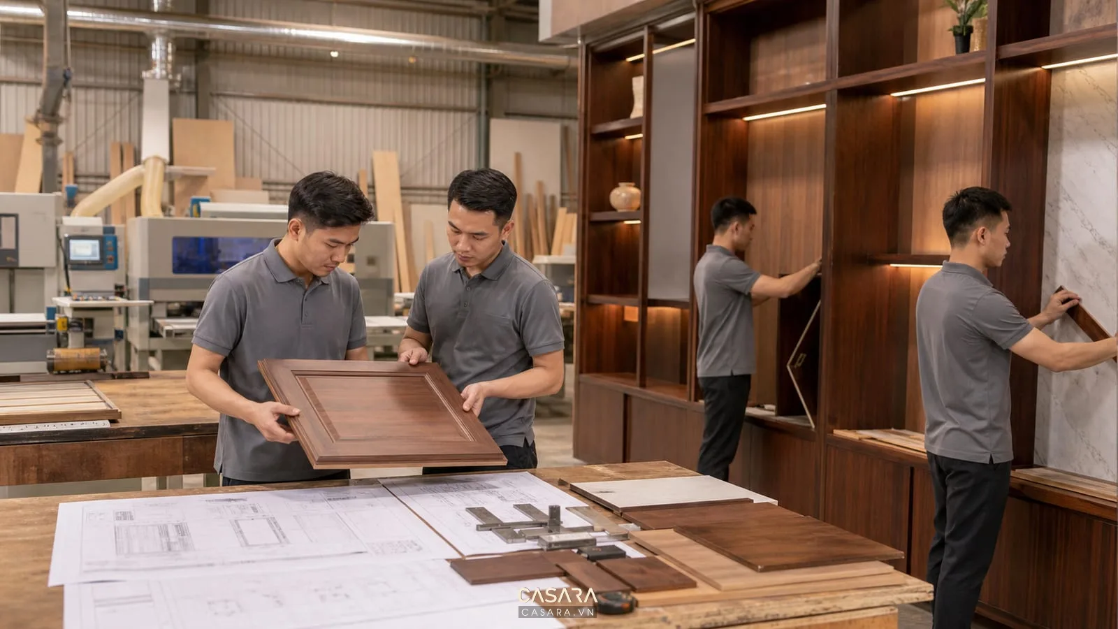 Xưởng sản xuất nội thất biệt thự với thợ kiểm tra cánh tủ gỗ và bản vẽ kỹ thuật
