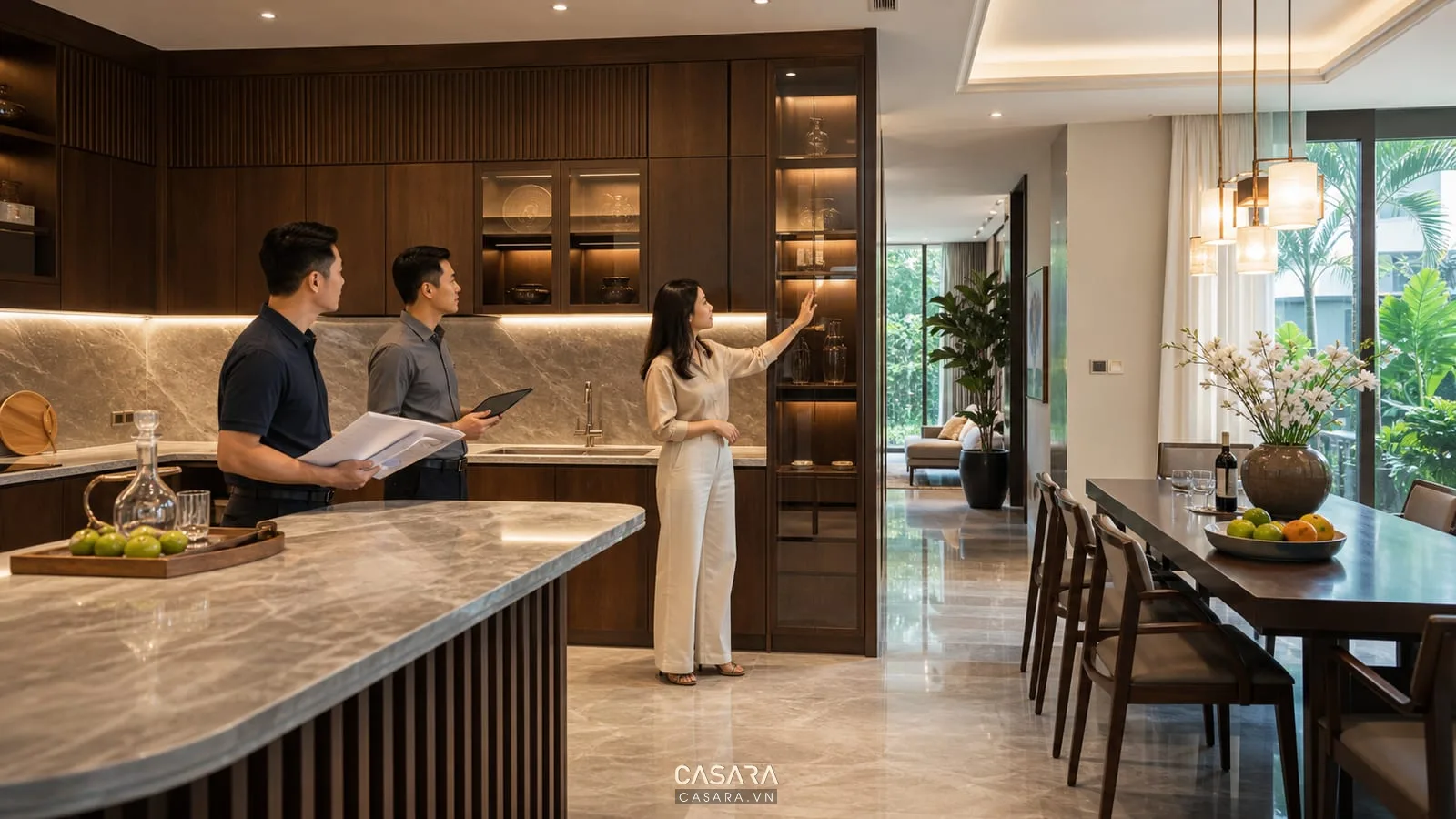 Nghiệm thu thi công biệt thự với gia chủ kiểm tra hệ tủ bếp ánh sáng và bản vẽ kỹ thuật