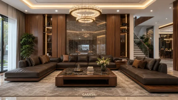 Phòng khách biệt thự cao cấp với nội thất gỗ và sofa lớn