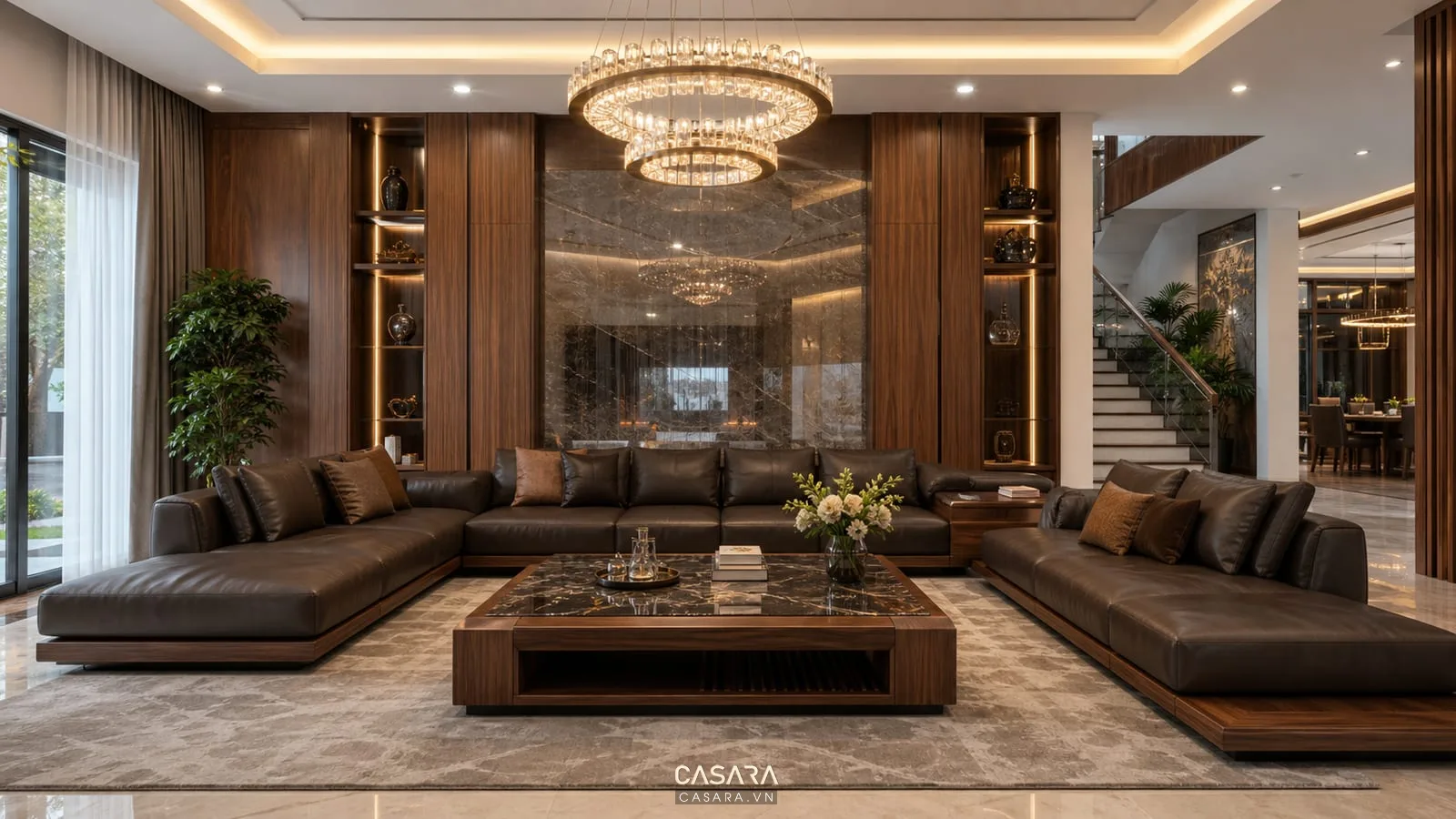 Phòng khách biệt thự cao cấp với nội thất gỗ và sofa lớn