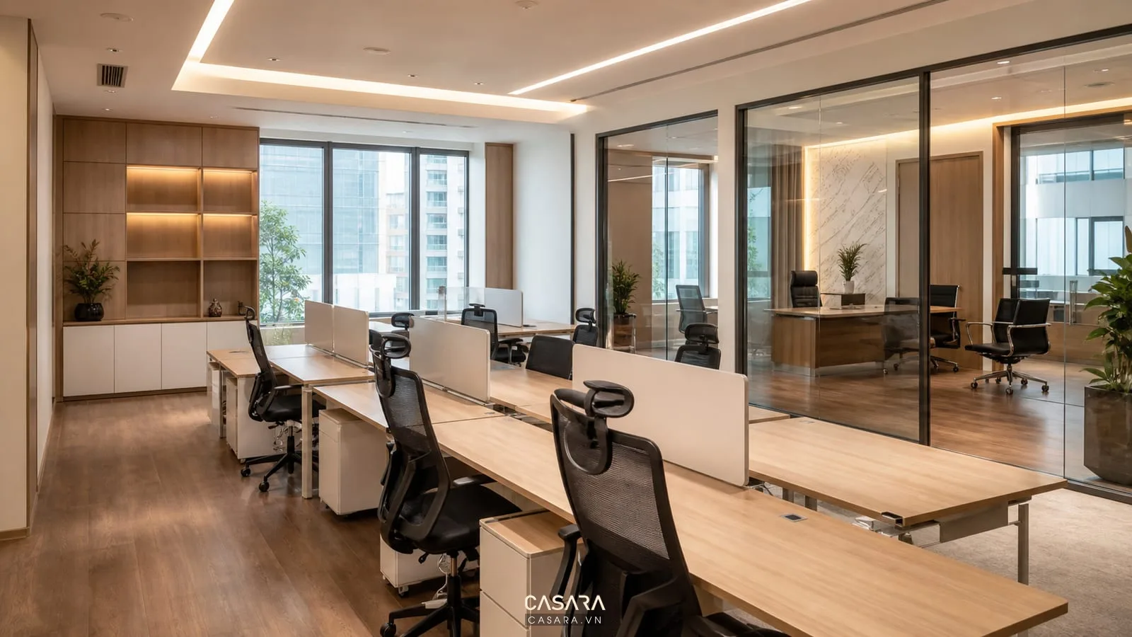 Thi công fit-out văn phòng công ty với nội thất và hệ đèn hoàn thiện