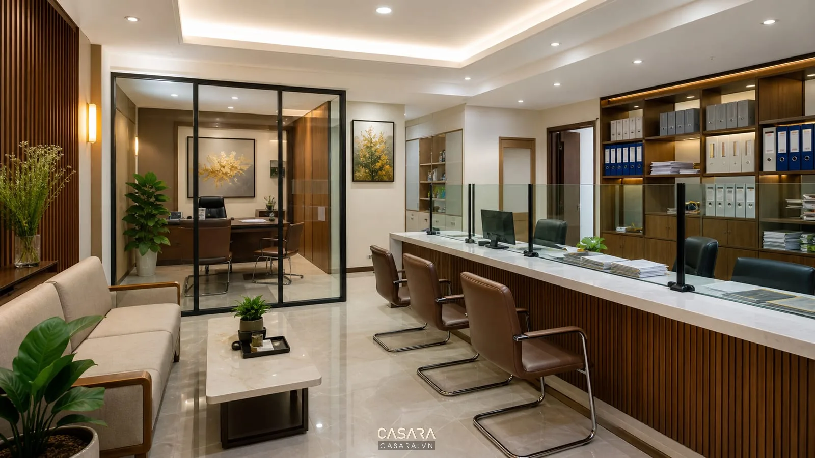 Văn phòng công chứng hiện đại với quầy tiếp nhận và khu chờ