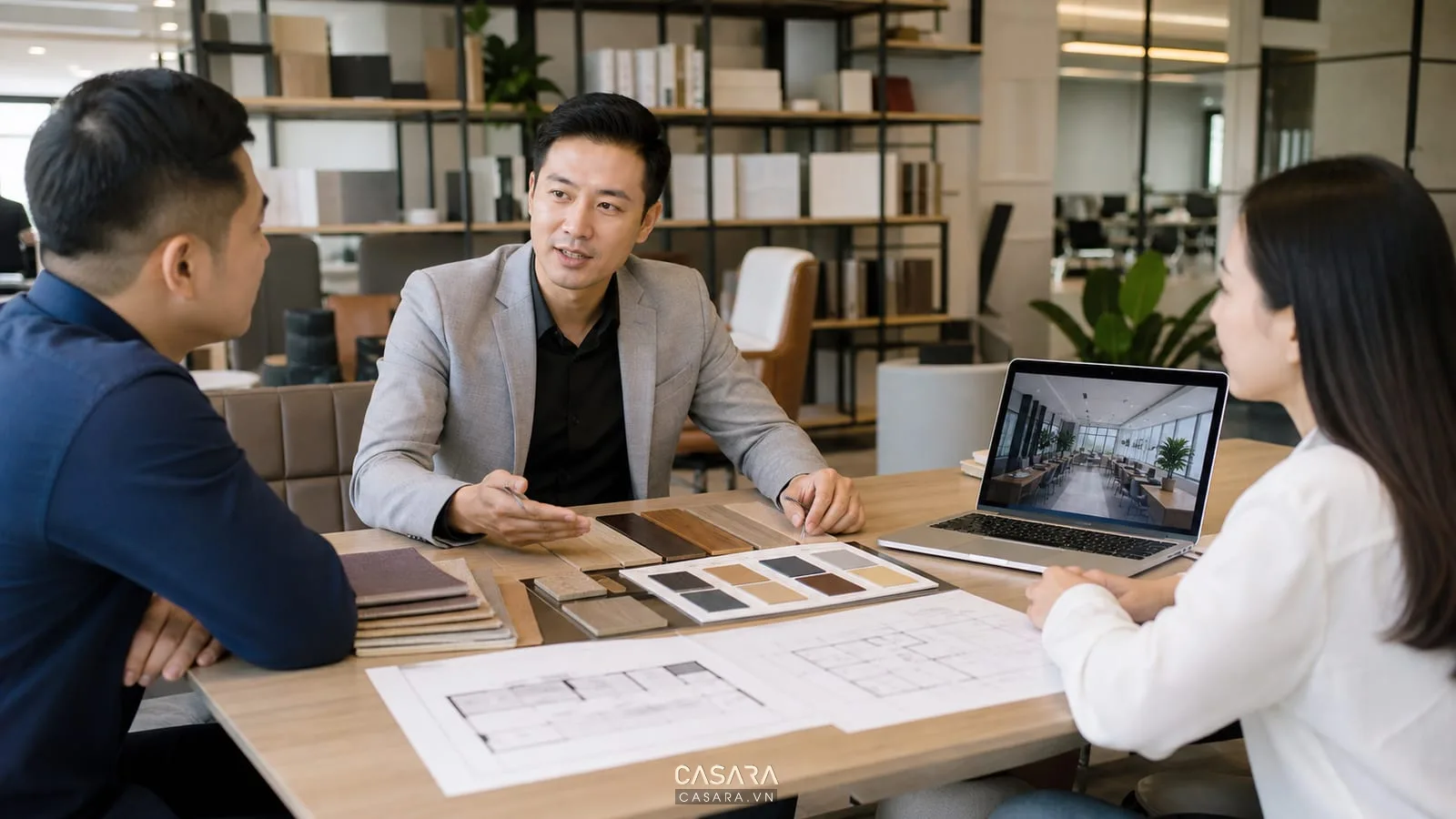tư vấn thiết kế nội thất văn phòng với mẫu gỗ bảng màu và phối cảnh văn phòng