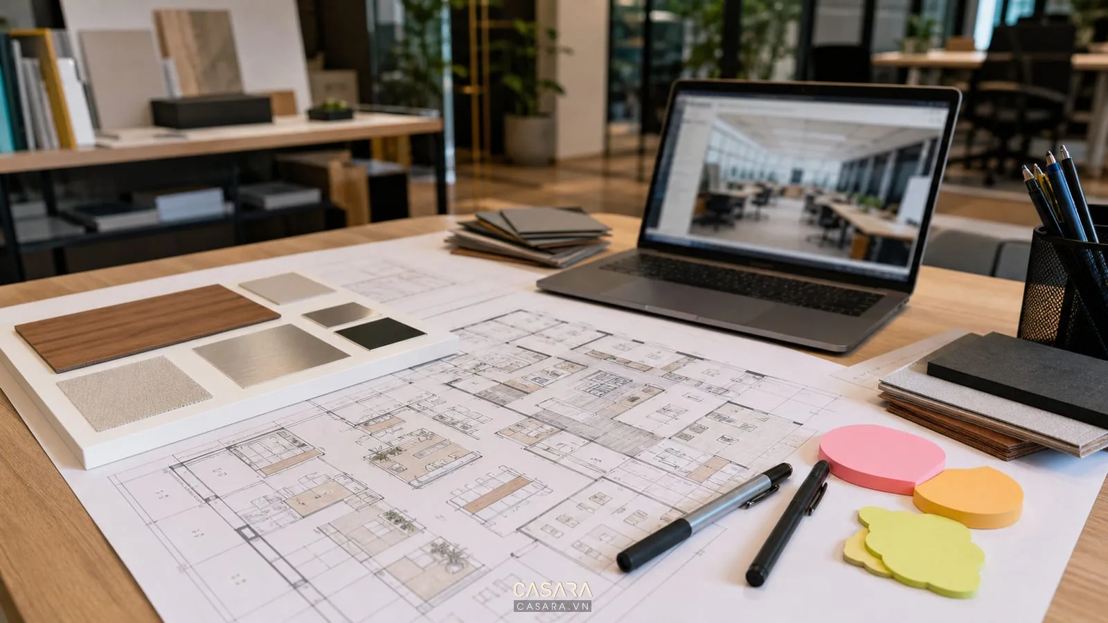 bản vẽ layout thiết kế văn phòng công ty cùng bảng vật liệu và laptop