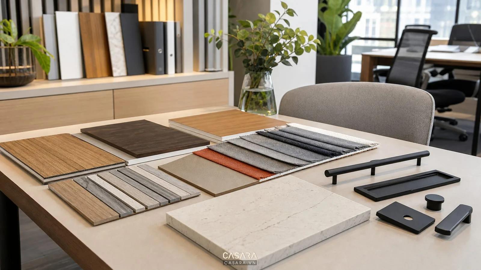 bảng mẫu vật liệu thiết kế văn phòng gồm gỗ công nghiệp laminate vải ghế và kim loại