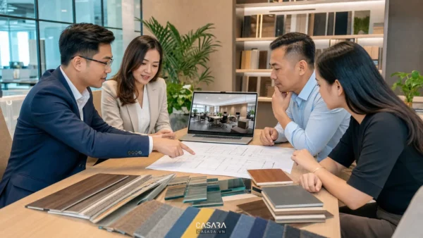 Nhóm tư vấn trao đổi về bản vẽ mặt bằng, phối cảnh văn phòng và mẫu vật liệu trên bàn