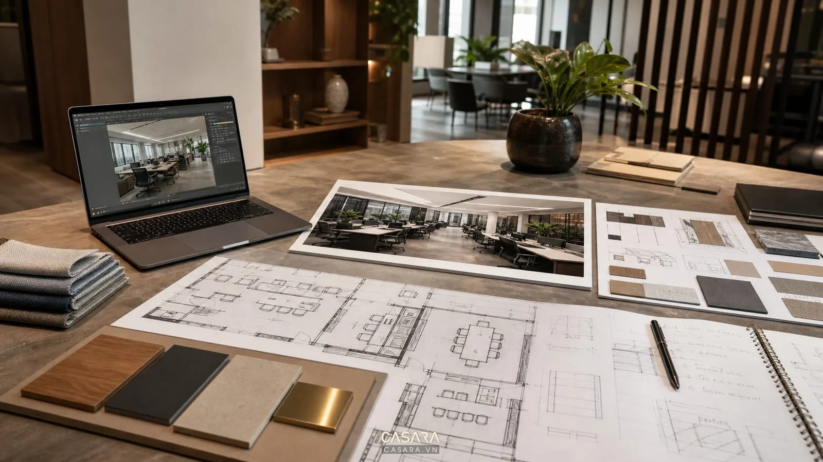 Hồ sơ thiết kế văn phòng công ty gồm bản vẽ mặt bằng, chi tiết nội thất và bảng vật liệu