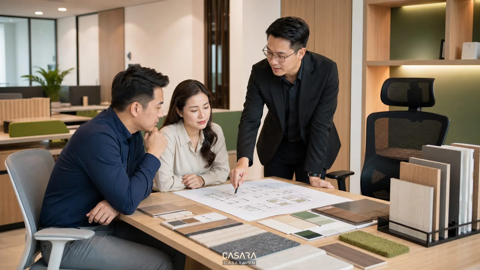 Tư vấn thiết kế văn phòng công ty với mẫu vật liệu, bản vẽ layout, ghế làm việc và tủ lưu trữ