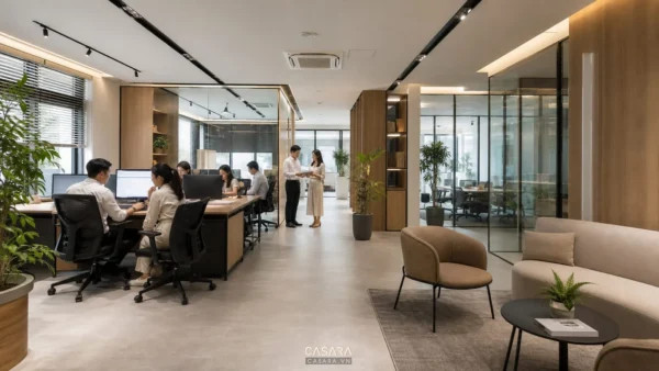 Thiết kế nội thất văn phòng hiện đại với bàn làm việc và lối đi khoa học