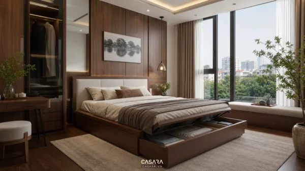 giường thông minh có hộc chứa đồ trong phòng ngủ căn hộ Hà Nội